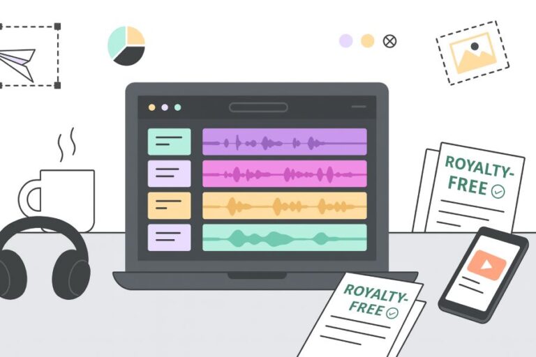 Top-down illustration of a creator’s desk with laptop DAW waveforms, royalty-free licence papers stamped approved, and social-media icons - symbolising royalty free music licensing.