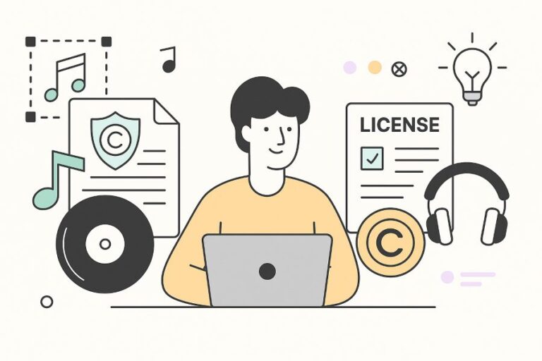 Flat-style pastel illustration showing a person using a laptop, surrounded by music-related elements like headphones, a vinyl record, copyright icons, and abstract license documents