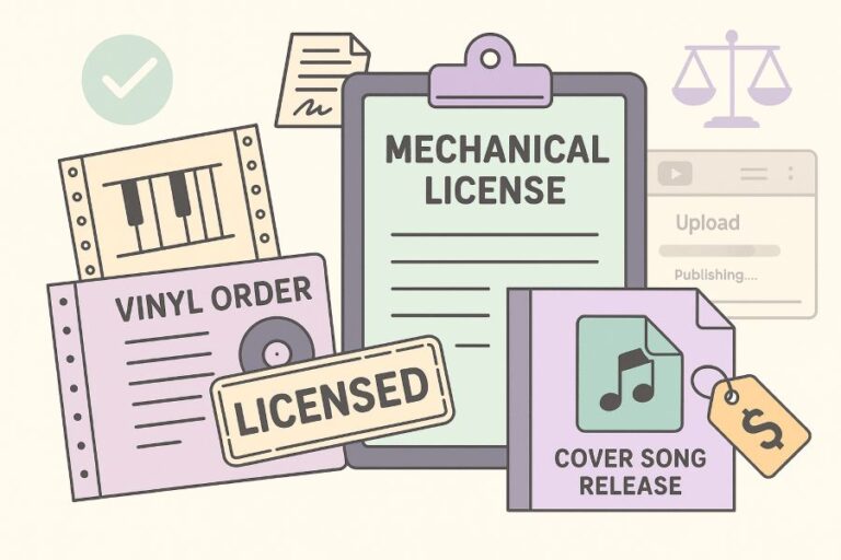 Pastel-style digital illustration showing a vintage piano roll, a vinyl order form stamped "Licensed," a CD case labeled "Cover Song Release," a clipboard titled "Mechanical License," and a music file icon with a dollar sign.