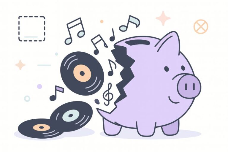 Cracked piggy bank with vinyl records and music notes spilling out in soft pastel, flat illustration style.
