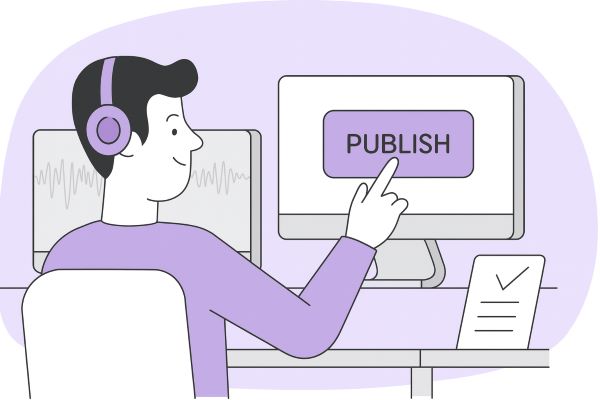 Illustration of a music producer in a pastel-colored studio, clicking a publish button with waveform and checklist on desk