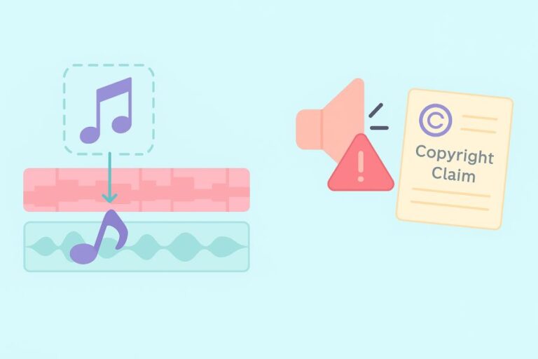 Video editing timeline with music track and copyright claim warning for missing sync rights